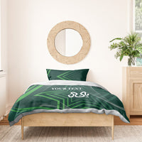 Green geometric bedding set on wooden bed: duvet and two pillowcases with star motif