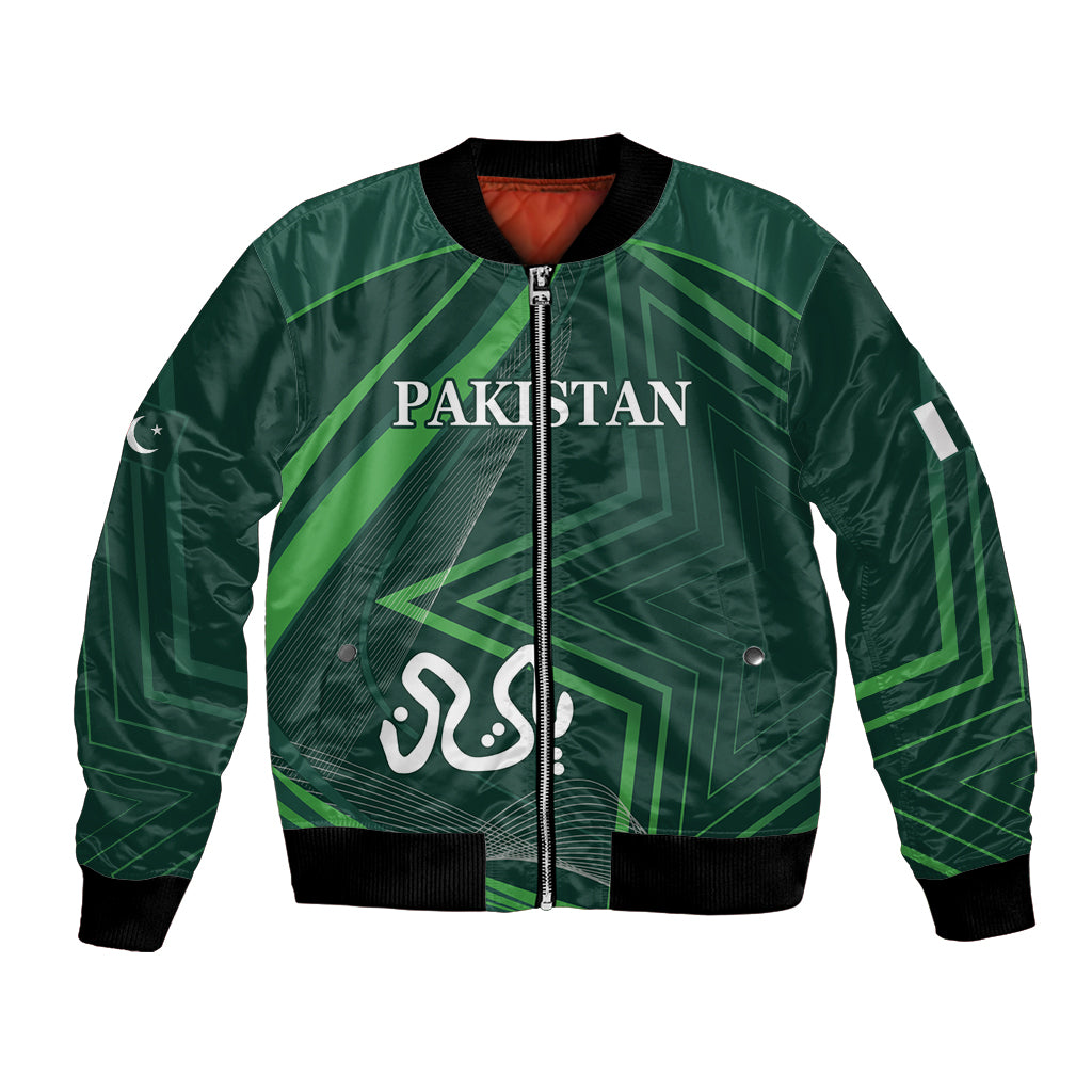 Green unisex bomber jacket with front zip, ribbed cuffs, Pakistan graphic and star