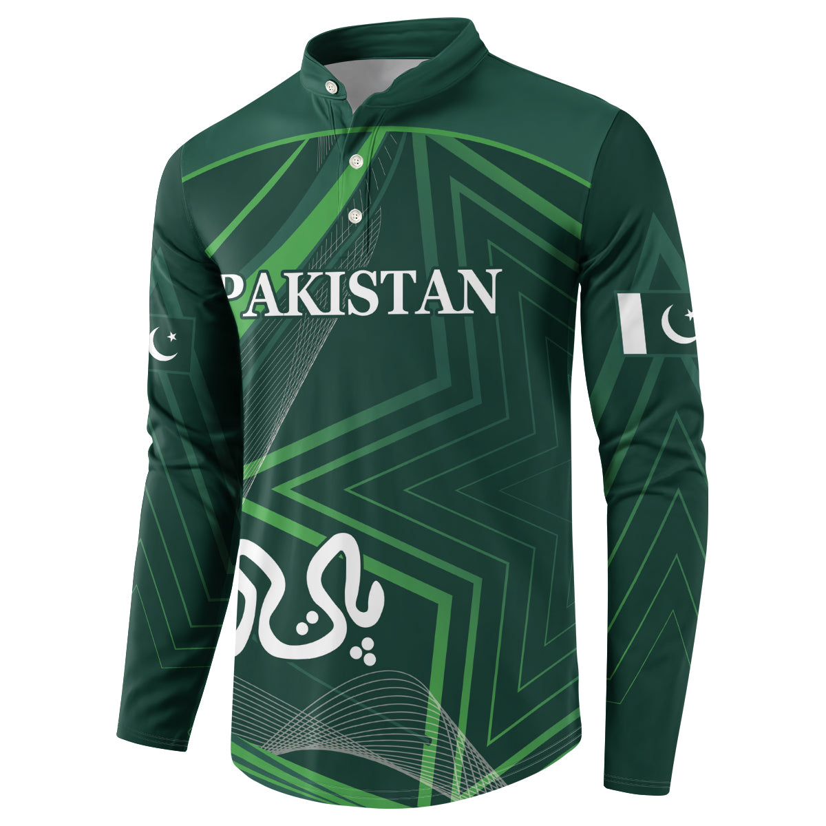 Green button-front sweatshirt with 'PAKISTAN' front graphic and green geometric pattern
