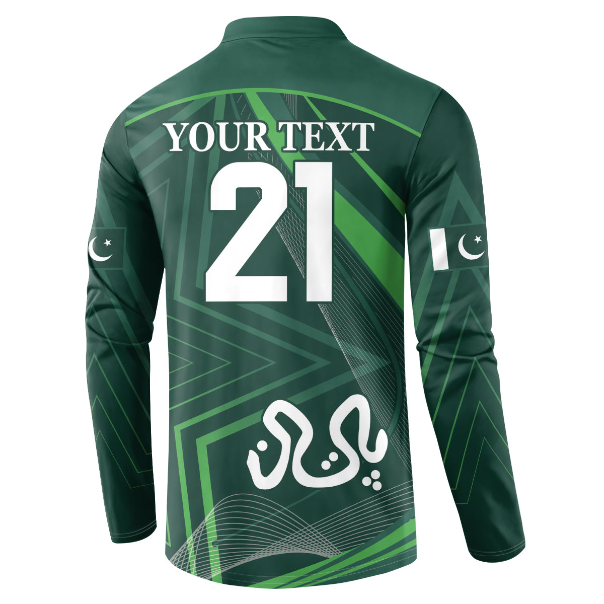 Green button-front sweatshirt back with 'YOUR TEXT' and '21' plus crescent graphic