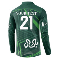 Green button-front sweatshirt back with 'YOUR TEXT' and '21' plus crescent graphic