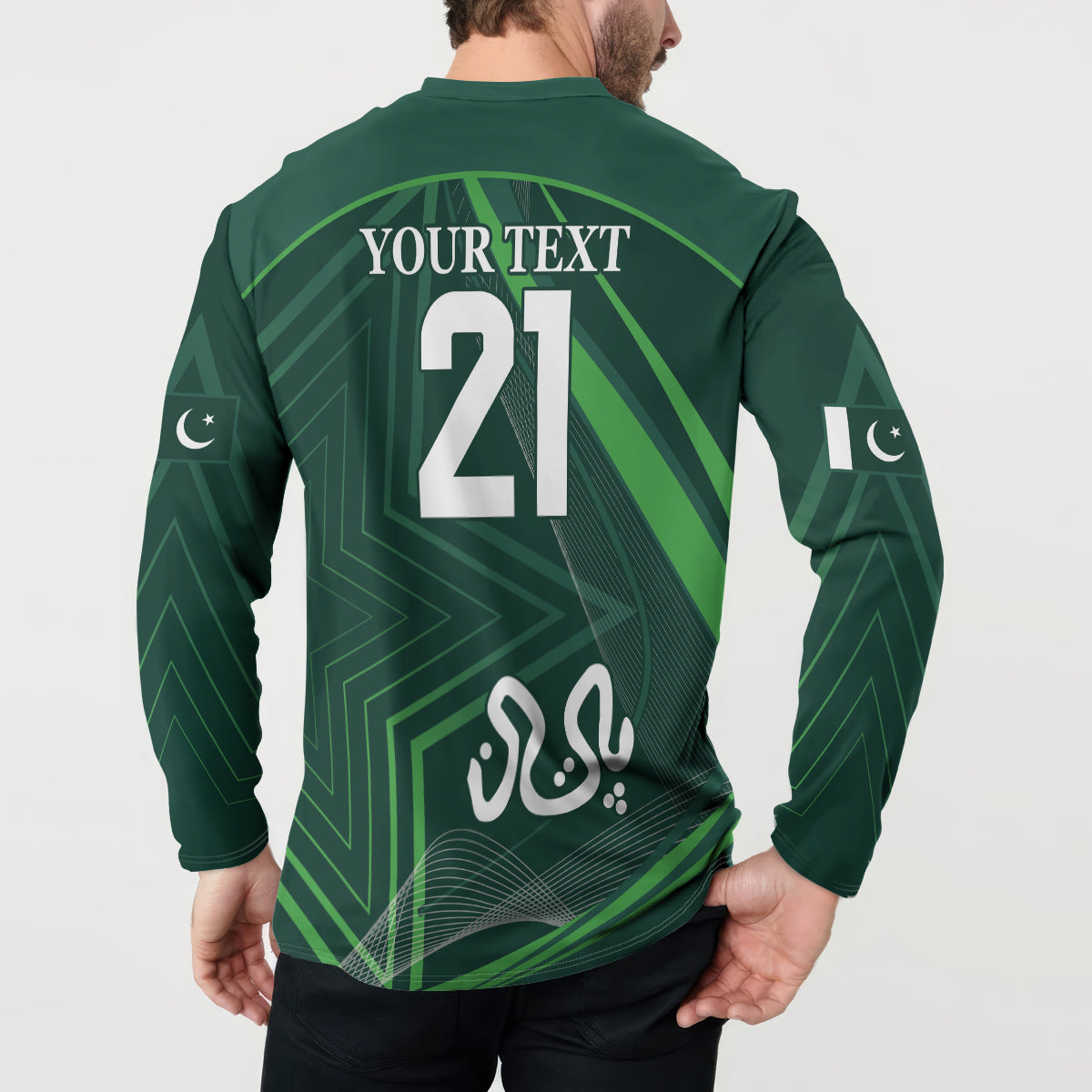 Green button-front sweatshirt back with 'YOUR TEXT', large '21', and crescent side marks