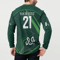 Green button-front sweatshirt back with 'YOUR TEXT', large '21', and crescent side marks