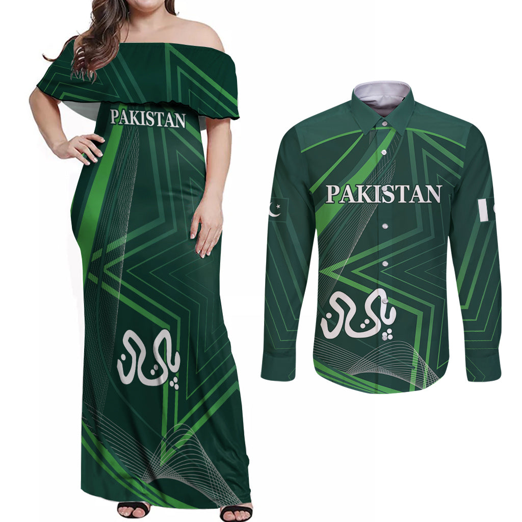 Pakistan Cricket World Cup 2024 Couples Matching Off Shoulder Maxi Dress and Long Sleeve Button Shirt Shaheens Make Champions LT9 - Wonder Print Shop