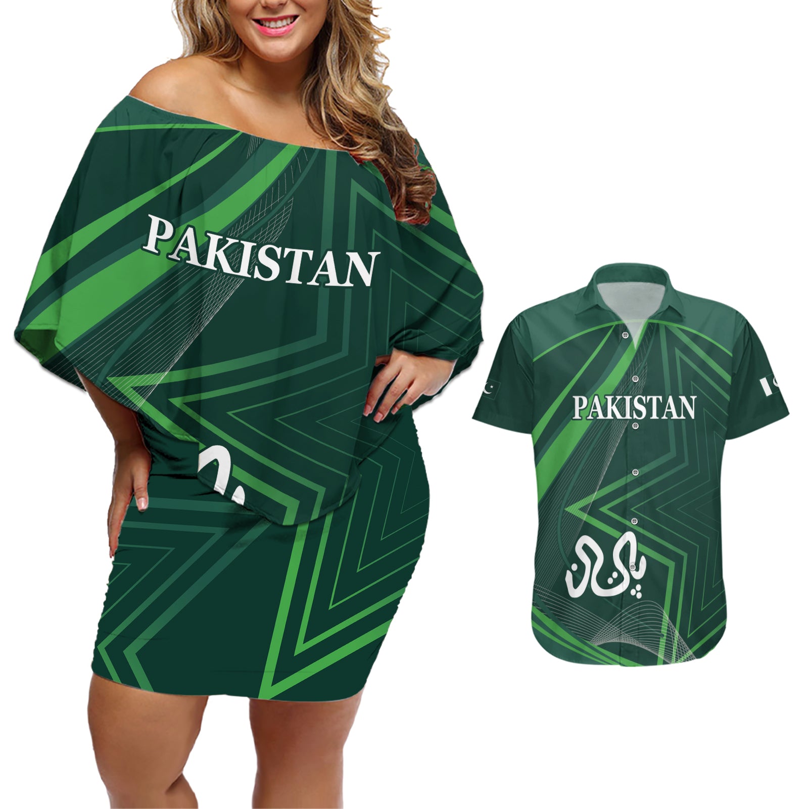 Pakistan Cricket World Cup 2024 Couples Matching Off Shoulder Short Dress and Hawaiian Shirt Shaheens Make Champions LT9 - Wonder Print Shop