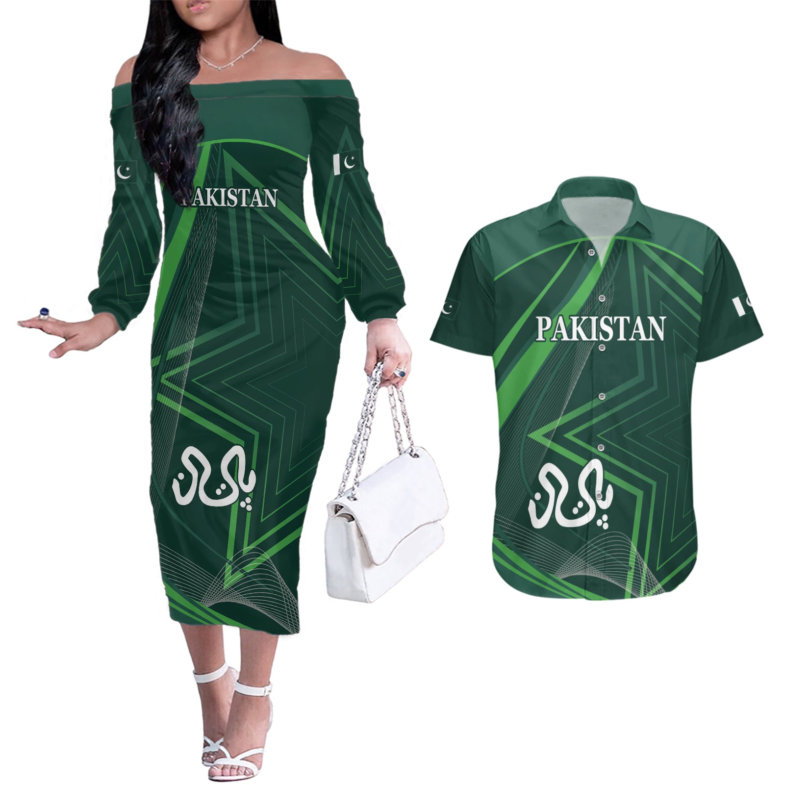 Pakistan Cricket World Cup 2024 Couples Matching Off The Shoulder Long Sleeve Dress and Hawaiian Shirt Shaheens Make Champions LT9 - Wonder Print Shop