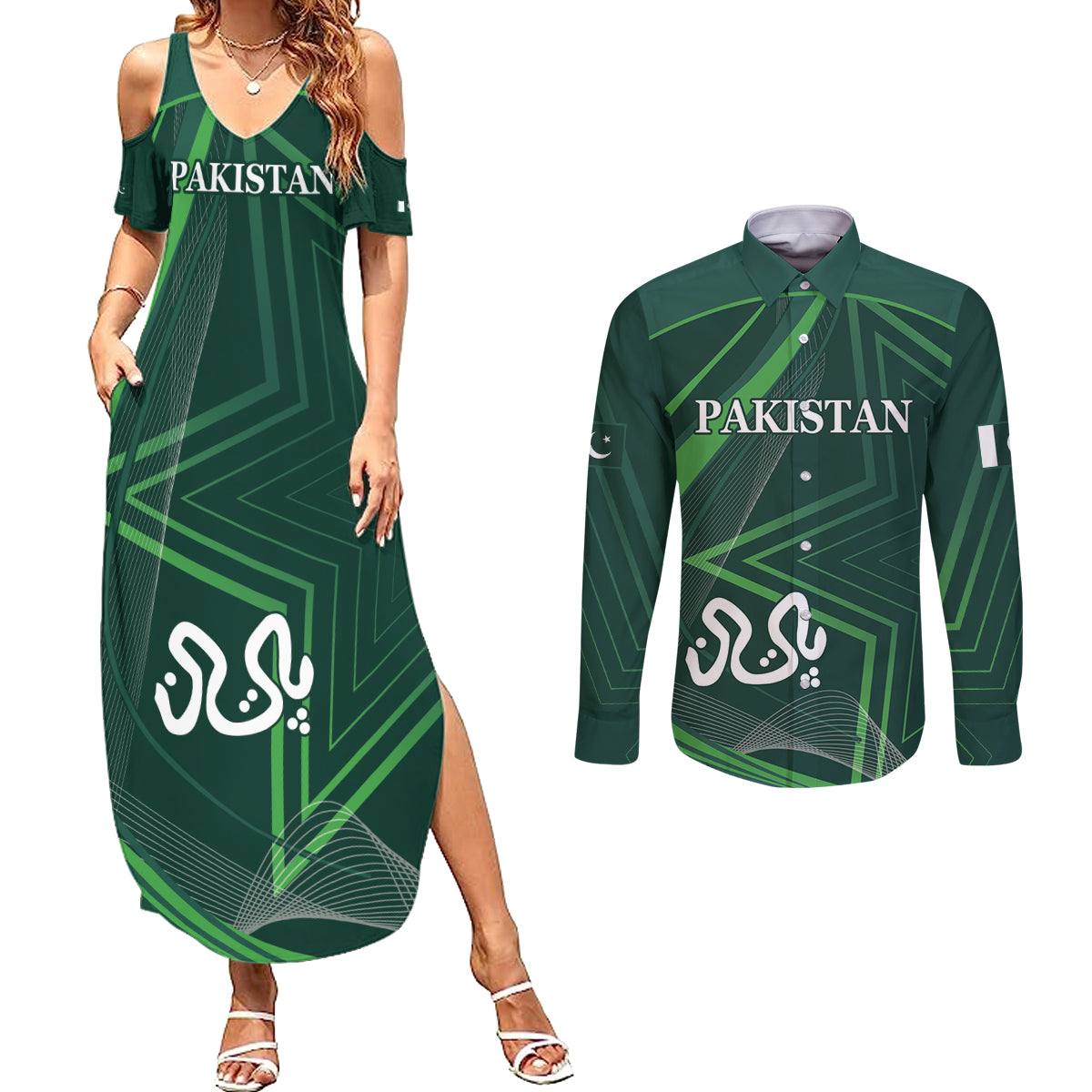 Pakistan Cricket World Cup 2024 Couples Matching Summer Maxi Dress and Long Sleeve Button Shirt Shaheens Make Champions LT9 - Wonder Print Shop