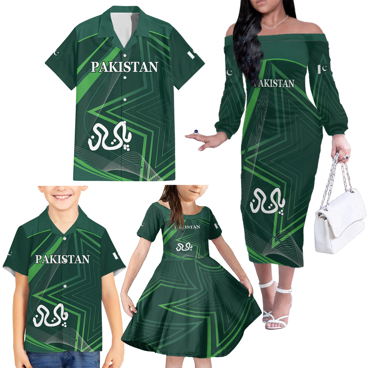 Pakistan Cricket World Cup 2024 Family Matching Off The Shoulder Long Sleeve Dress and Hawaiian Shirt Shaheens Make Champions - Wonder Print Shop