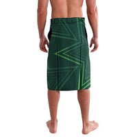 Green patterned wrap skirt with geometric stripe graphics, back view, split front