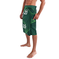 Green wrap skirt with number 21 graphic, abstract circuit pattern, split front hem