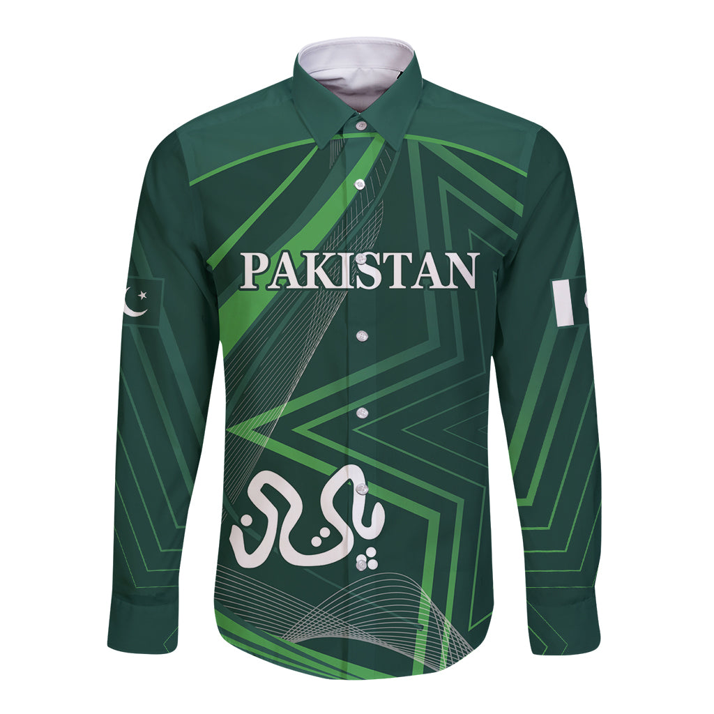 Green long-sleeve button shirt, front print says PAKISTAN with geometric pattern