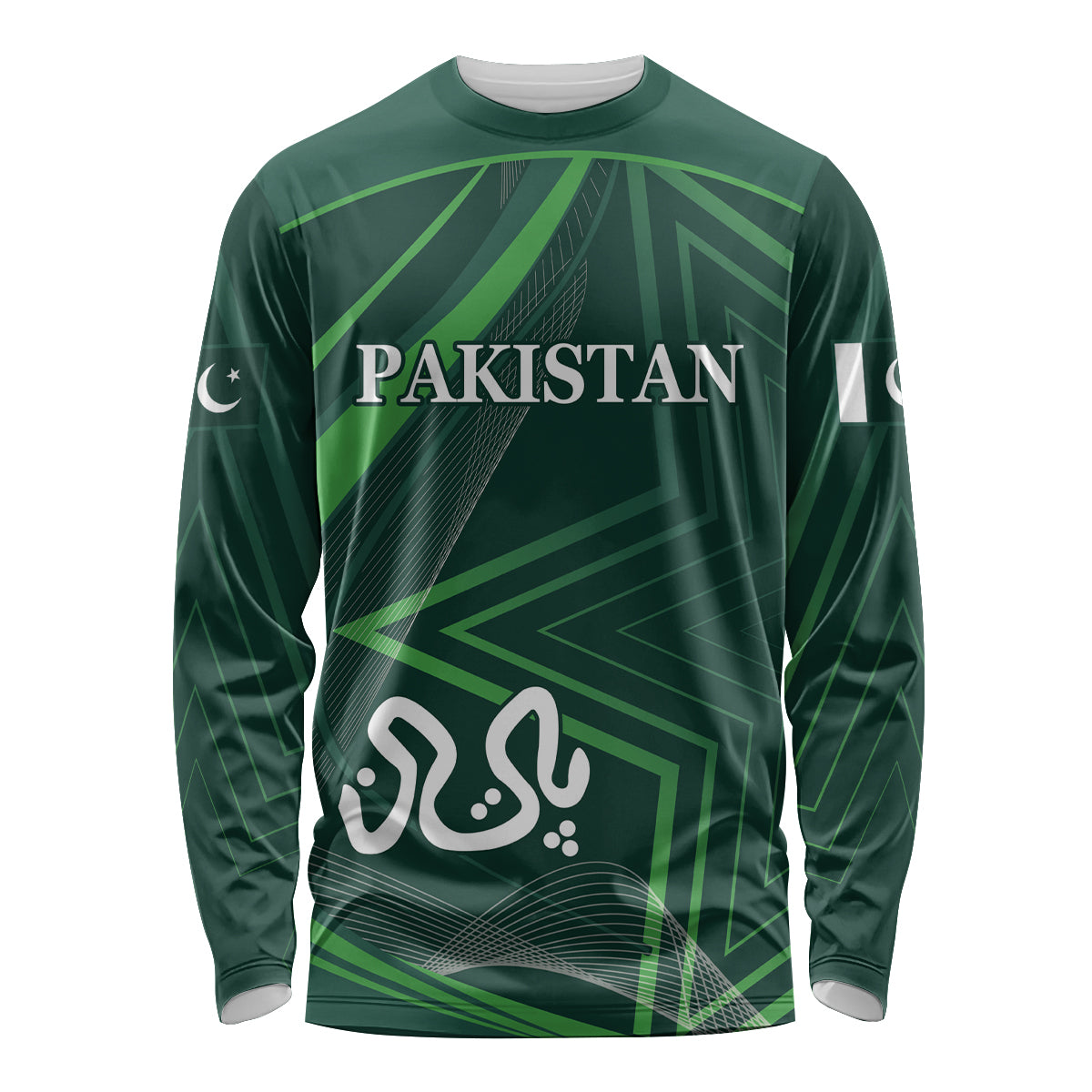 Green long-sleeve cricket shirt with Pakistan graphic and crescent logo