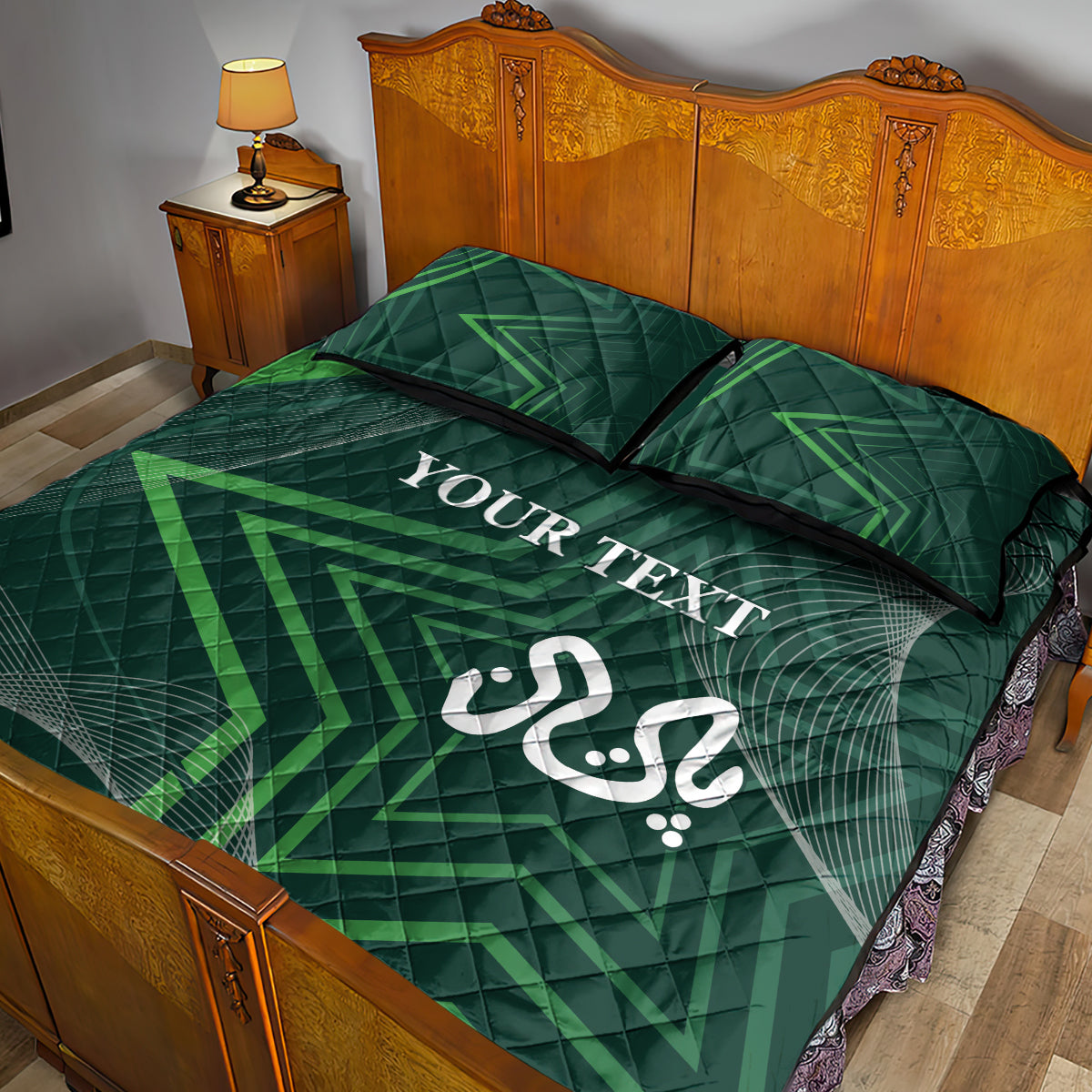 Green quilt bed set with geometric lines, calligraphy, and two pillowcases on bed