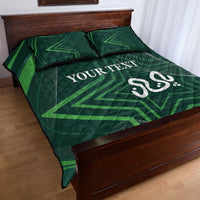 Green quilt bed set with geometric print, YOUR TEXT and two pillowcases