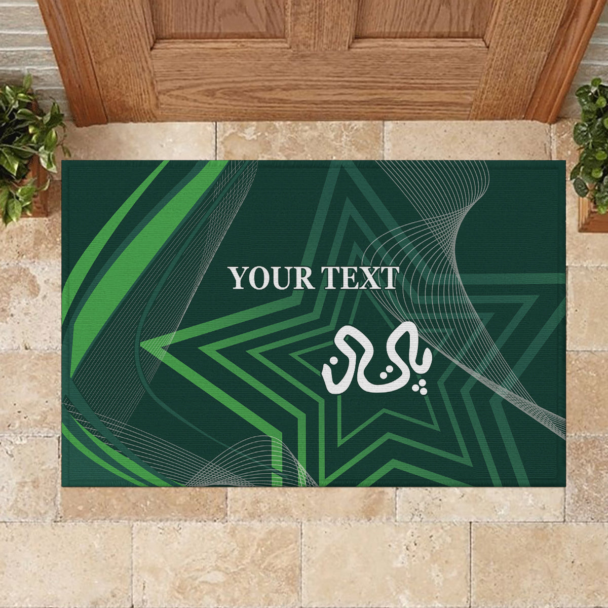 Green rubber doormat rectangle with geometric star graphic and white 'YOUR TEXT' and emblem