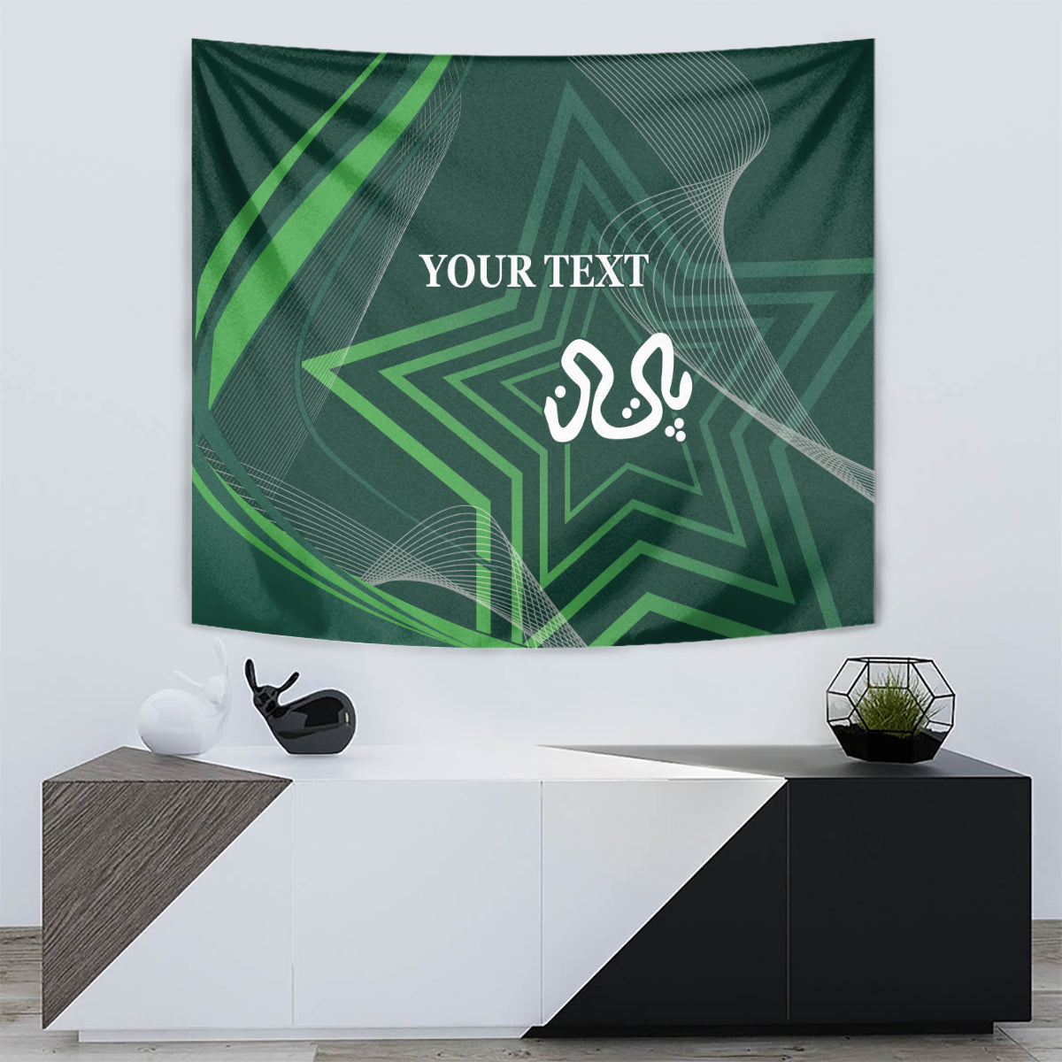 Green cricket tapestry wall hanging with geometric star, calligraphy, and 'YOUR TEXT'.