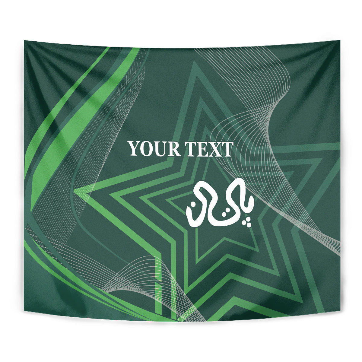 Green cricket tapestry wall hanging with geometric arrow rays and star calligraphy motif.