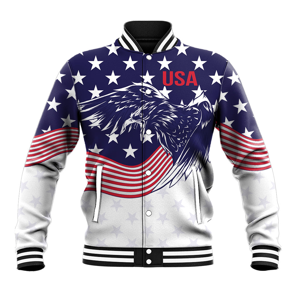 Unisex baseball jacket with USA eagle graphic, star pattern, and striped sleeves
