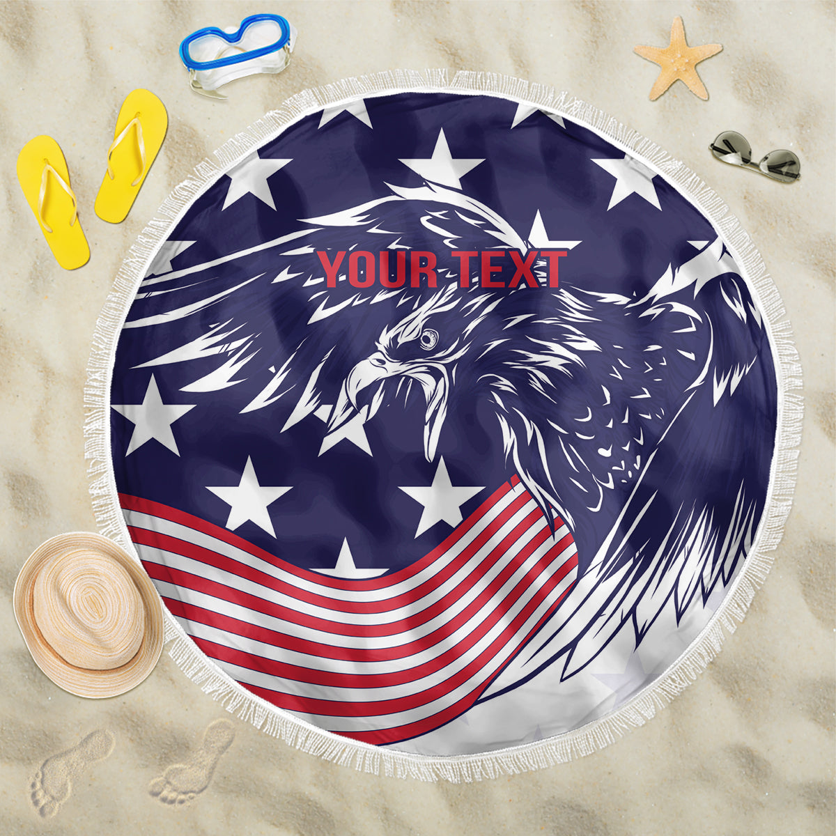 Round beach blanket with USA eagle and stars graphic, red-white stripes, fringe edge