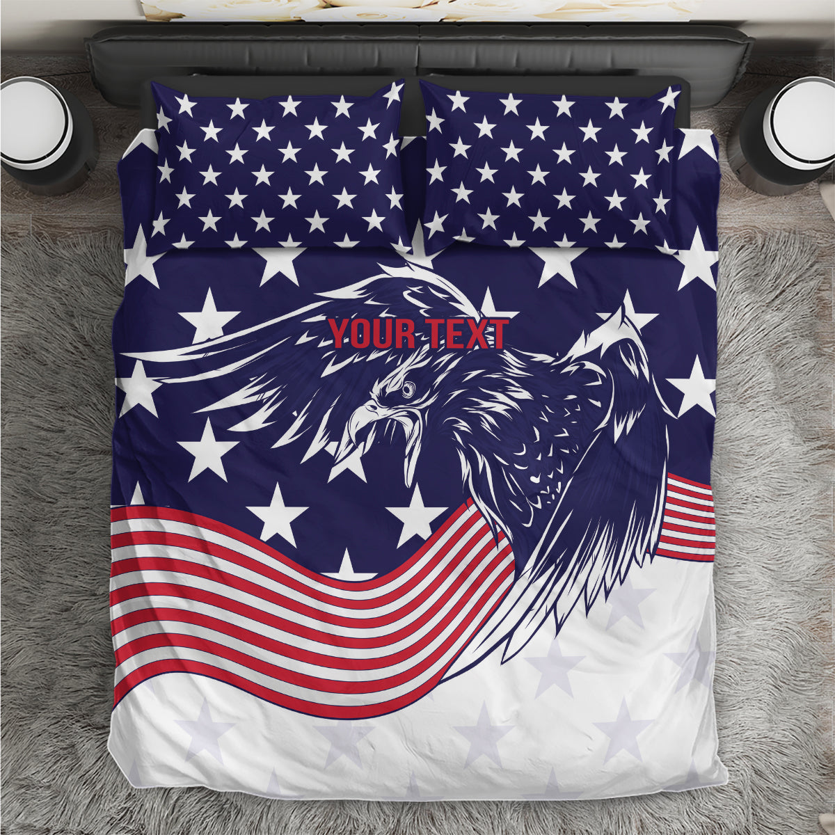 Bedding set top view with eagle stars-and-stripes duvet and two navy star pillows