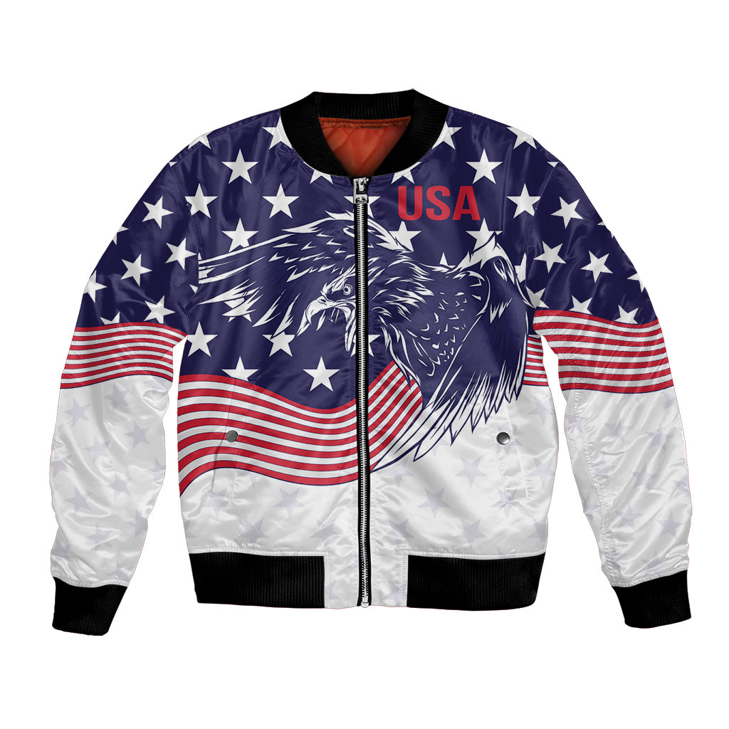 Unisex bomber jacket with navy star front, USA badge, eagle graphic, zip and ribbed trim