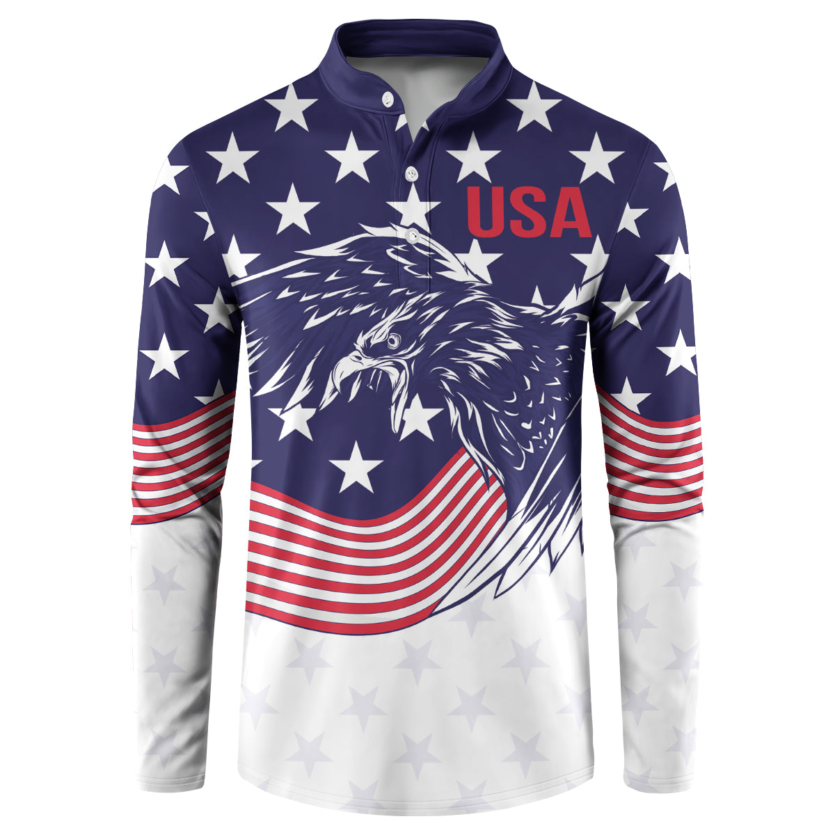 Navy and white button sweatshirt with USA eagle graphic and starry red-striped flag motif