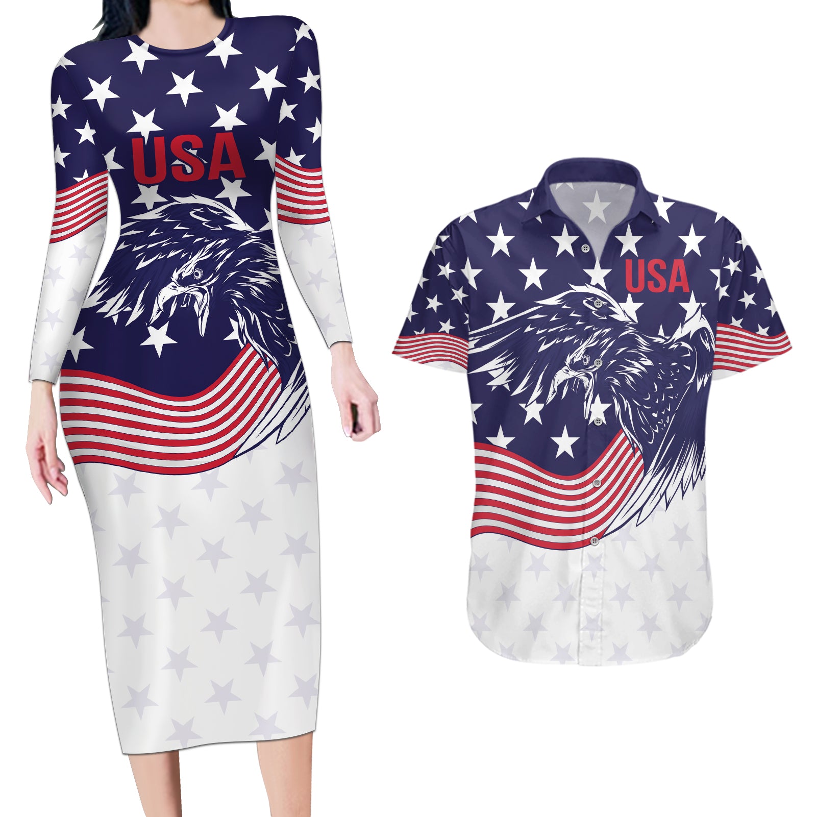 United States Cricket World Cup 2024 Couples Matching Long Sleeve Bodycon Dress and Hawaiian Shirt USA Badge Eagle Make Champions LT9 - Wonder Print Shop