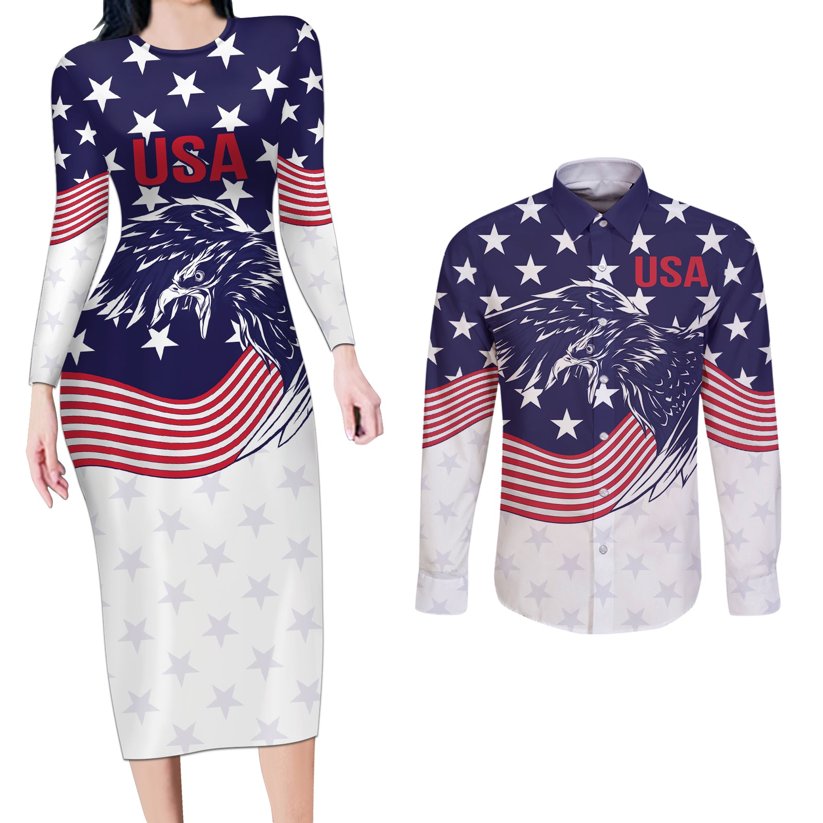 United States Cricket World Cup 2024 Couples Matching Long Sleeve Bodycon Dress and Long Sleeve Button Shirt USA Badge Eagle Make Champions LT9 - Wonder Print Shop