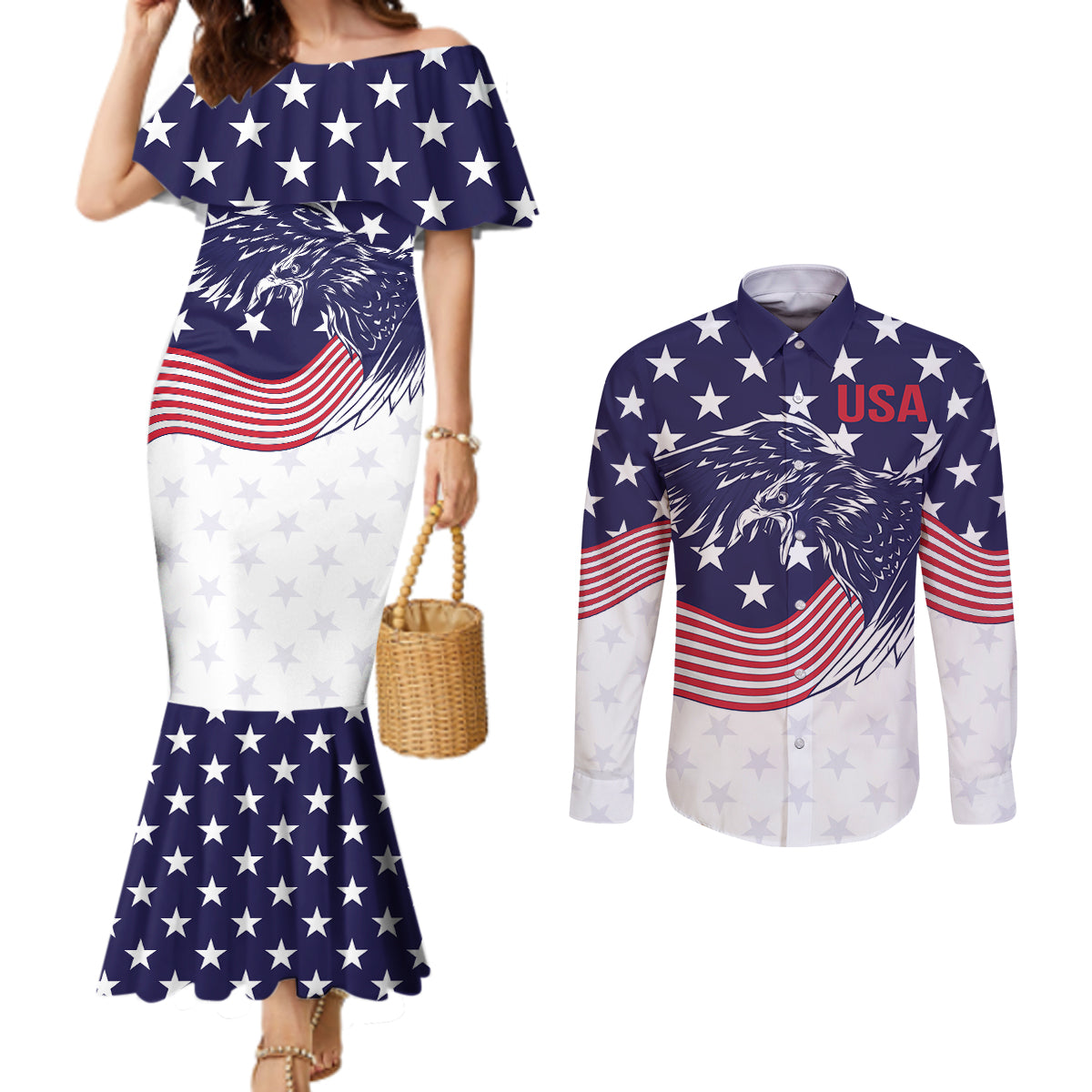 United States Cricket World Cup 2024 Couples Matching Mermaid Dress and Long Sleeve Button Shirt USA Badge Eagle Make Champions