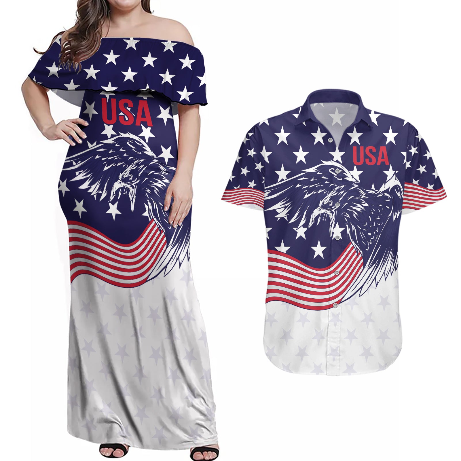 United States Cricket World Cup 2024 Couples Matching Off Shoulder Maxi Dress and Hawaiian Shirt USA Badge Eagle Make Champions LT9 - Wonder Print Shop