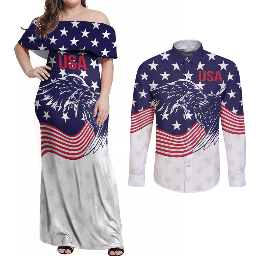 United States Cricket World Cup 2024 Couples Matching Off Shoulder Maxi Dress and Long Sleeve Button Shirt USA Badge Eagle Make Champions LT9 - Wonder Print Shop