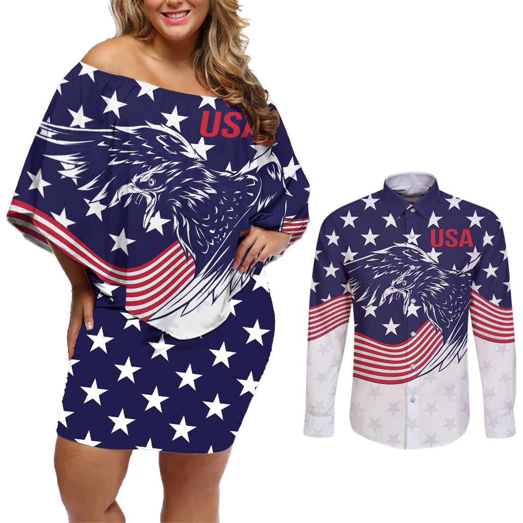 United States Cricket World Cup 2024 Couples Matching Off Shoulder Short Dress and Long Sleeve Button Shirt USA Badge Eagle Make Champions LT9 - Wonder Print Shop