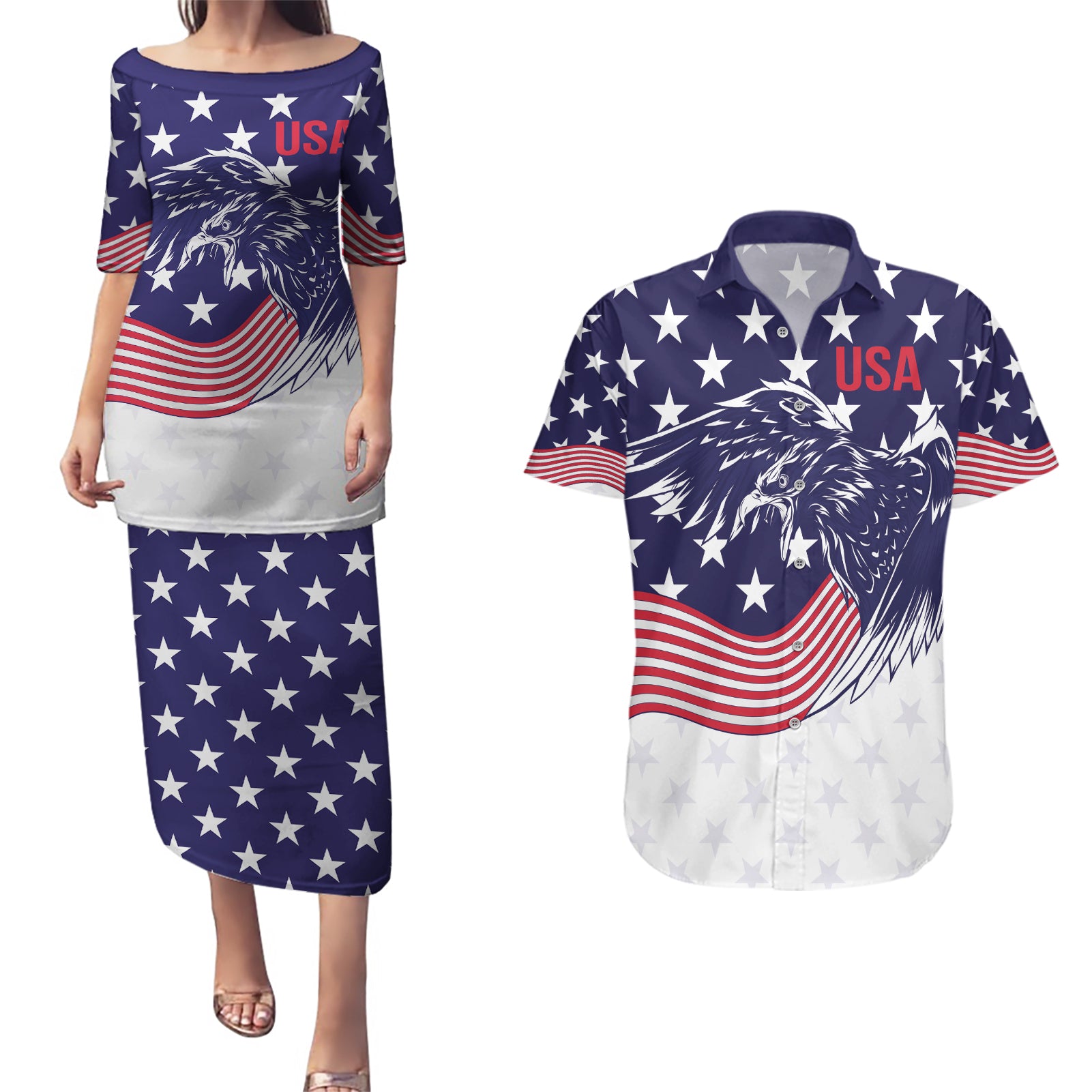 United States Cricket World Cup 2024 Couples Matching Puletasi and Hawaiian Shirt USA Badge Eagle Make Champions LT9 - Wonder Print Shop