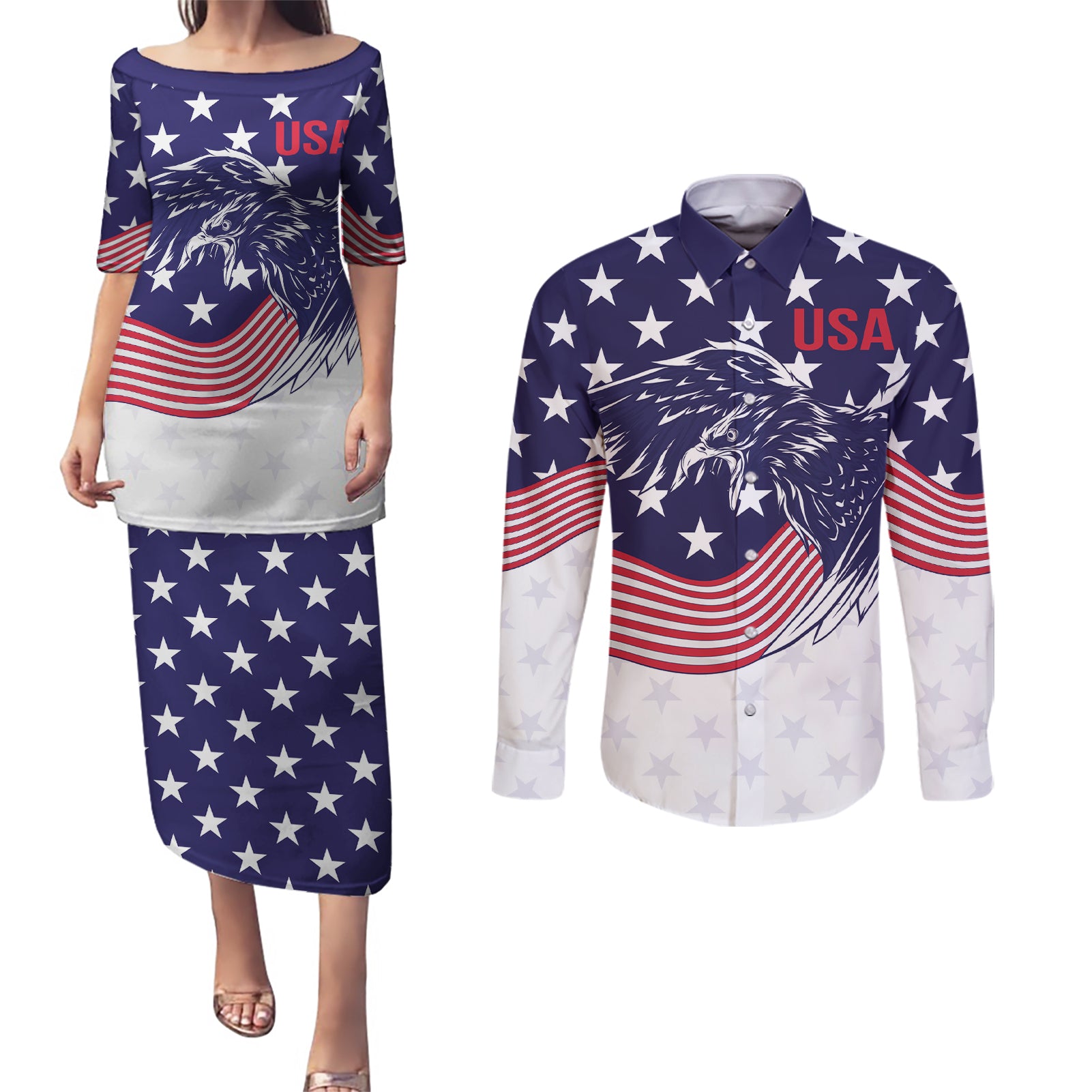 United States Cricket World Cup 2024 Couples Matching Puletasi and Long Sleeve Button Shirt USA Badge Eagle Make Champions LT9 - Wonder Print Shop