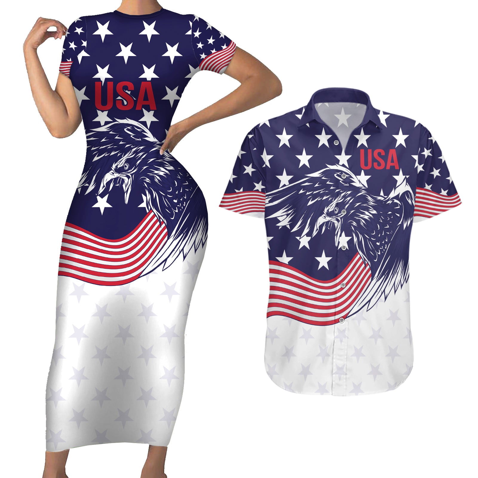 United States Cricket World Cup 2024 Couples Matching Short Sleeve Bodycon Dress and Hawaiian Shirt USA Badge Eagle Make Champions LT9 - Wonder Print Shop