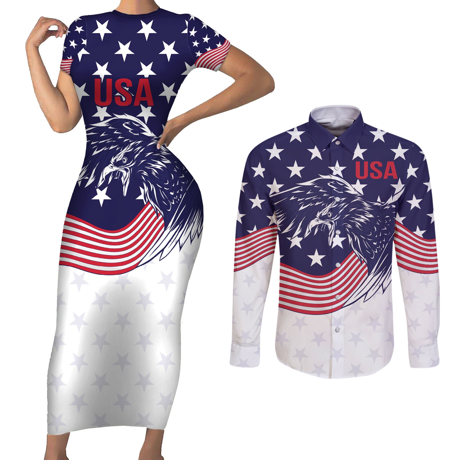 United States Cricket World Cup 2024 Couples Matching Short Sleeve Bodycon Dress and Long Sleeve Button Shirt USA Badge Eagle Make Champions LT9 - Wonder Print Shop