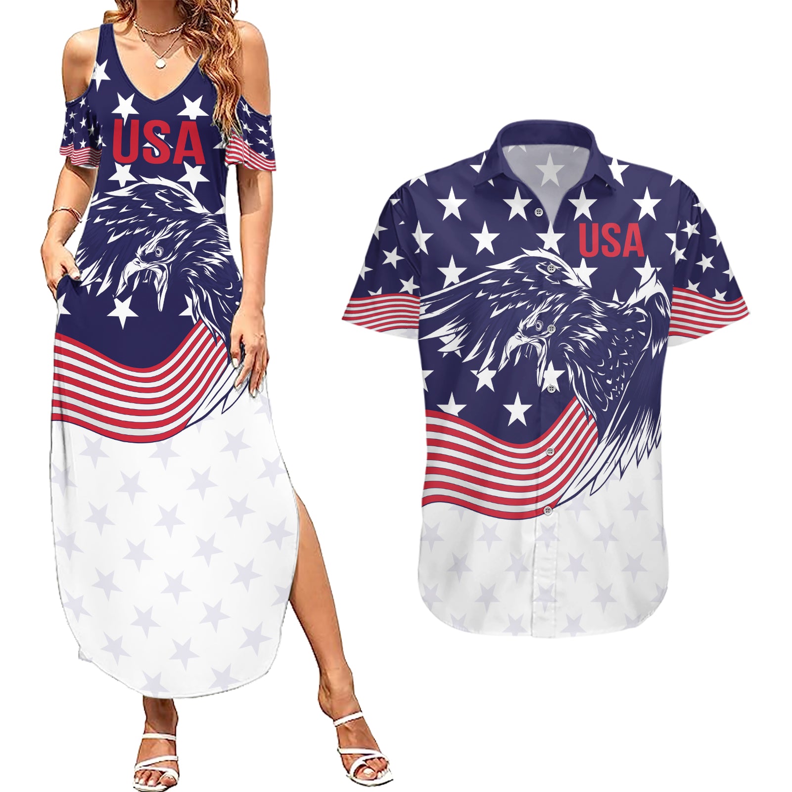 United States Cricket World Cup 2024 Couples Matching Summer Maxi Dress and Hawaiian Shirt USA Badge Eagle Make Champions LT9 - Wonder Print Shop