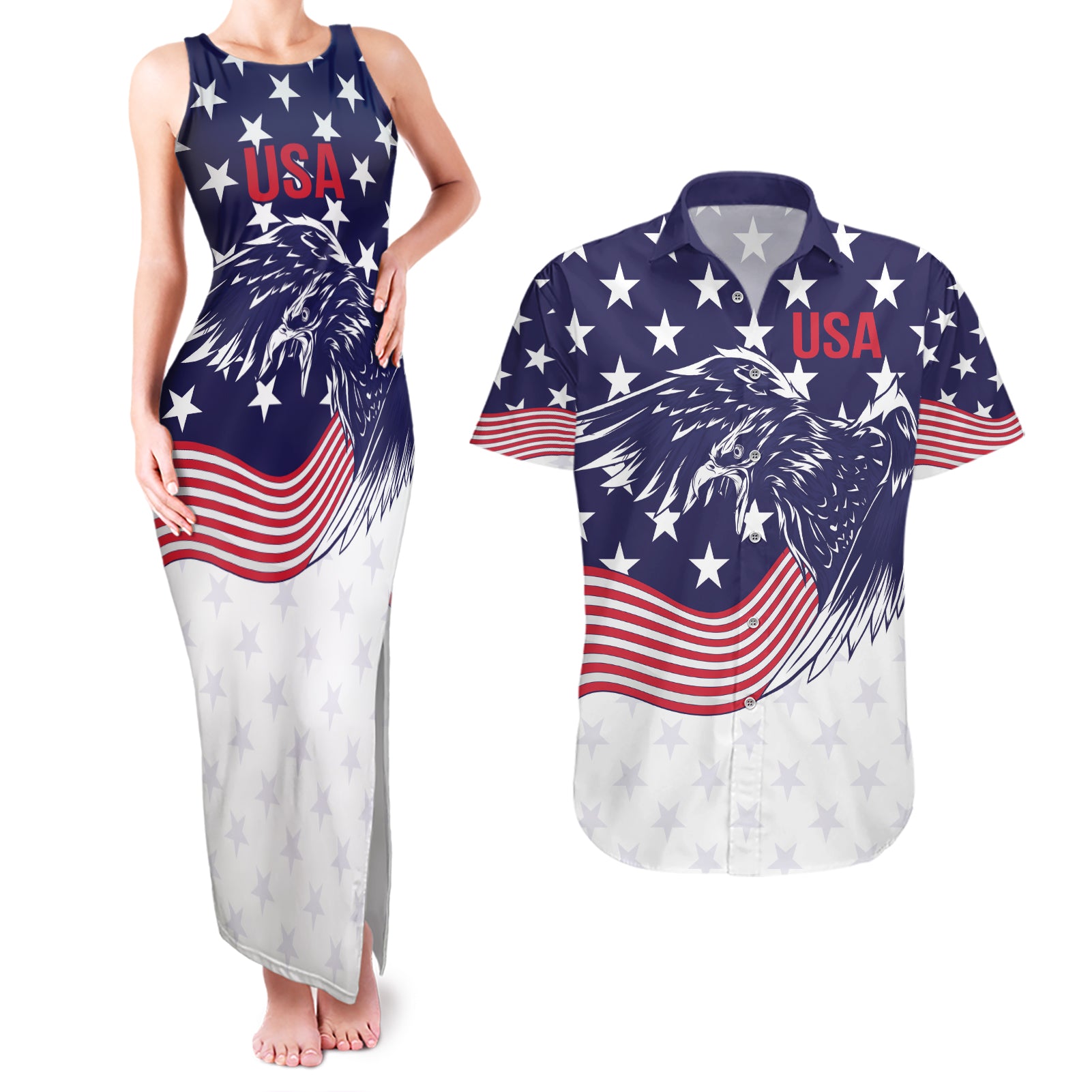 United States Cricket World Cup 2024 Couples Matching Tank Maxi Dress and Hawaiian Shirt USA Badge Eagle Make Champions LT9 - Wonder Print Shop