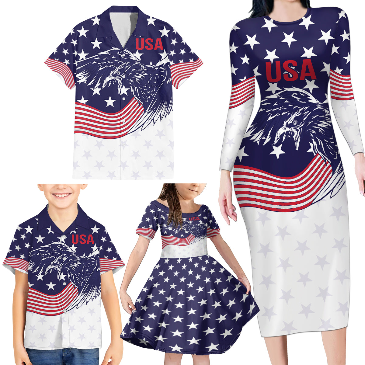 United States Cricket World Cup 2024 Family Matching Long Sleeve Bodycon Dress and Hawaiian Shirt USA Badge Eagle Make Champions LT9 - Wonder Print Shop