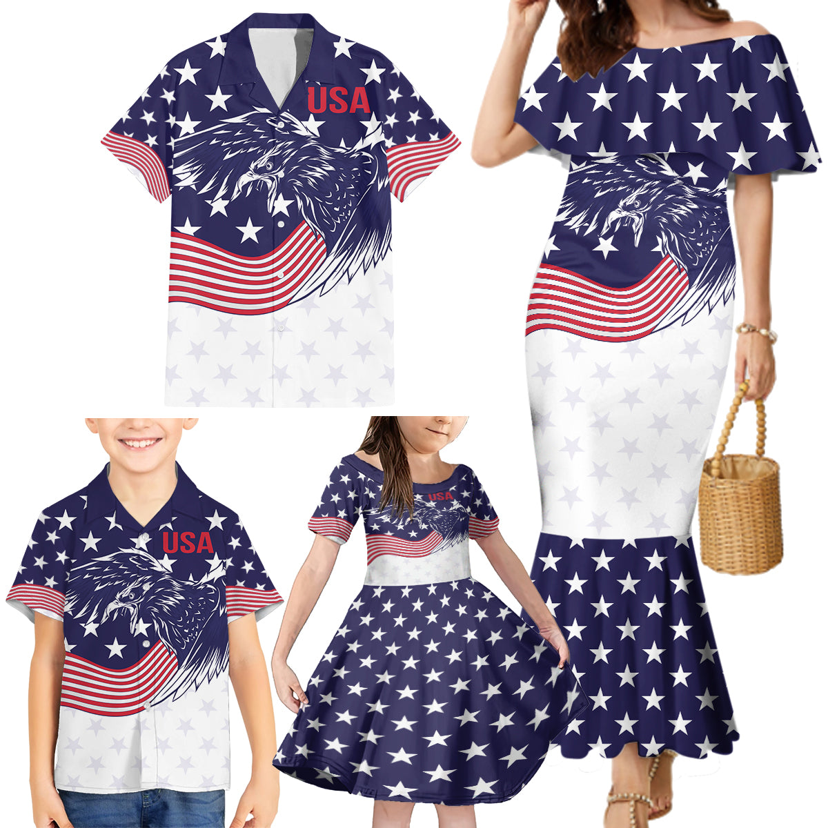 United States Cricket World Cup 2024 Family Matching Mermaid Dress and Hawaiian Shirt USA Badge Eagle Make Champions LT9 - Wonder Print Shop