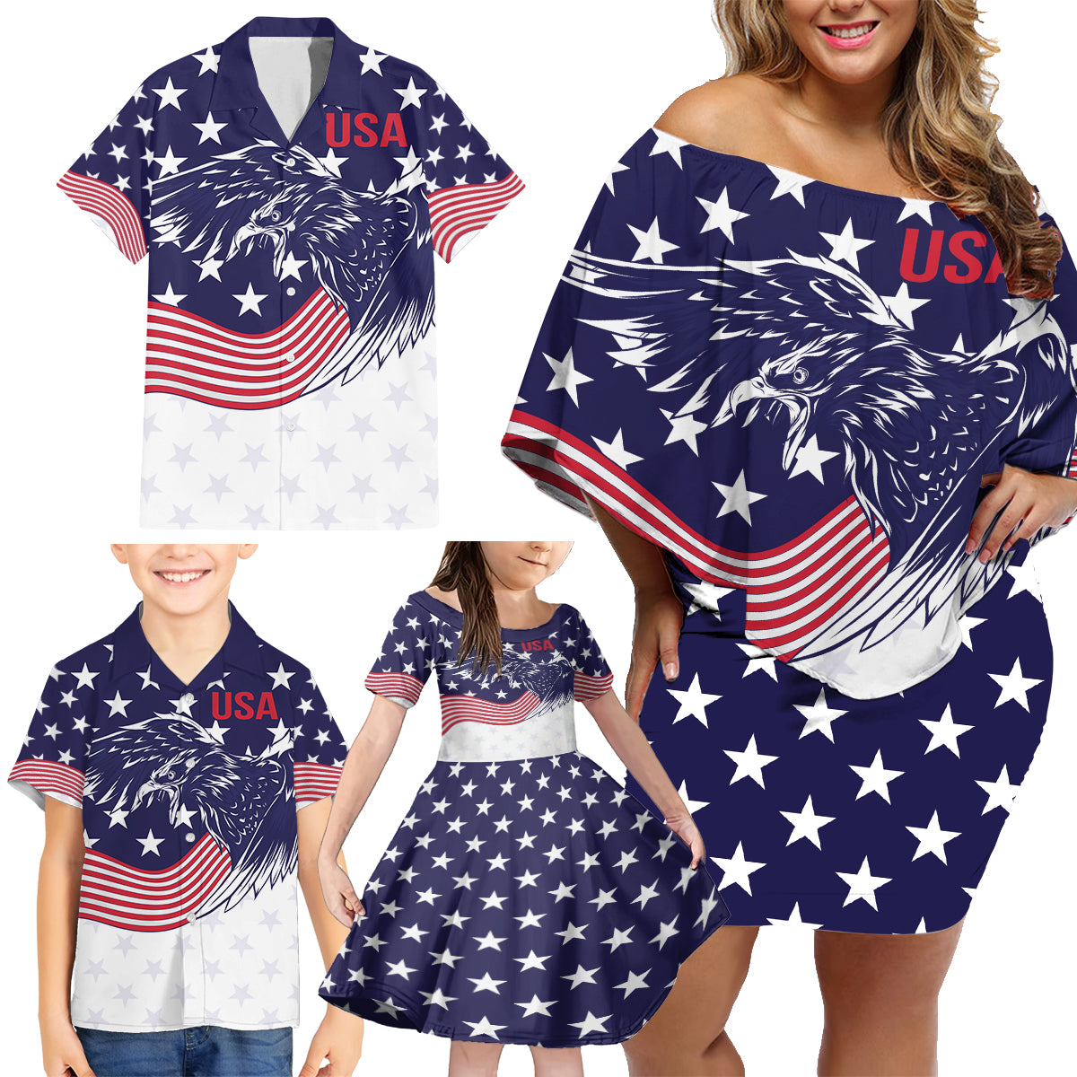 United States Cricket World Cup 2024 Family Matching Off Shoulder Short Dress and Hawaiian Shirt USA Badge Eagle Make Champions LT9 - Wonder Print Shop