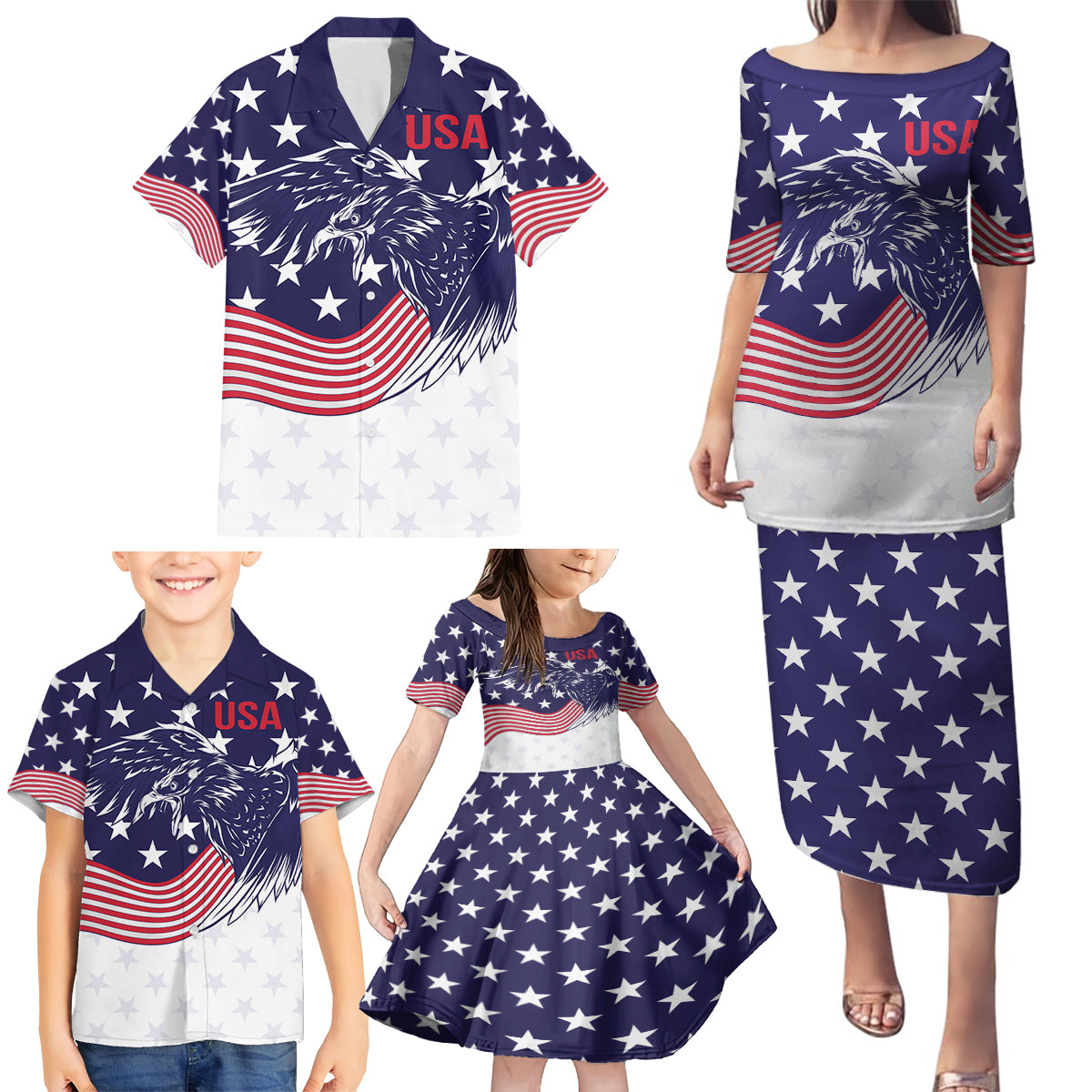 United States Cricket World Cup 2024 Family Matching Puletasi and Hawaiian Shirt USA Badge Eagle Make Champions - Wonder Print Shop