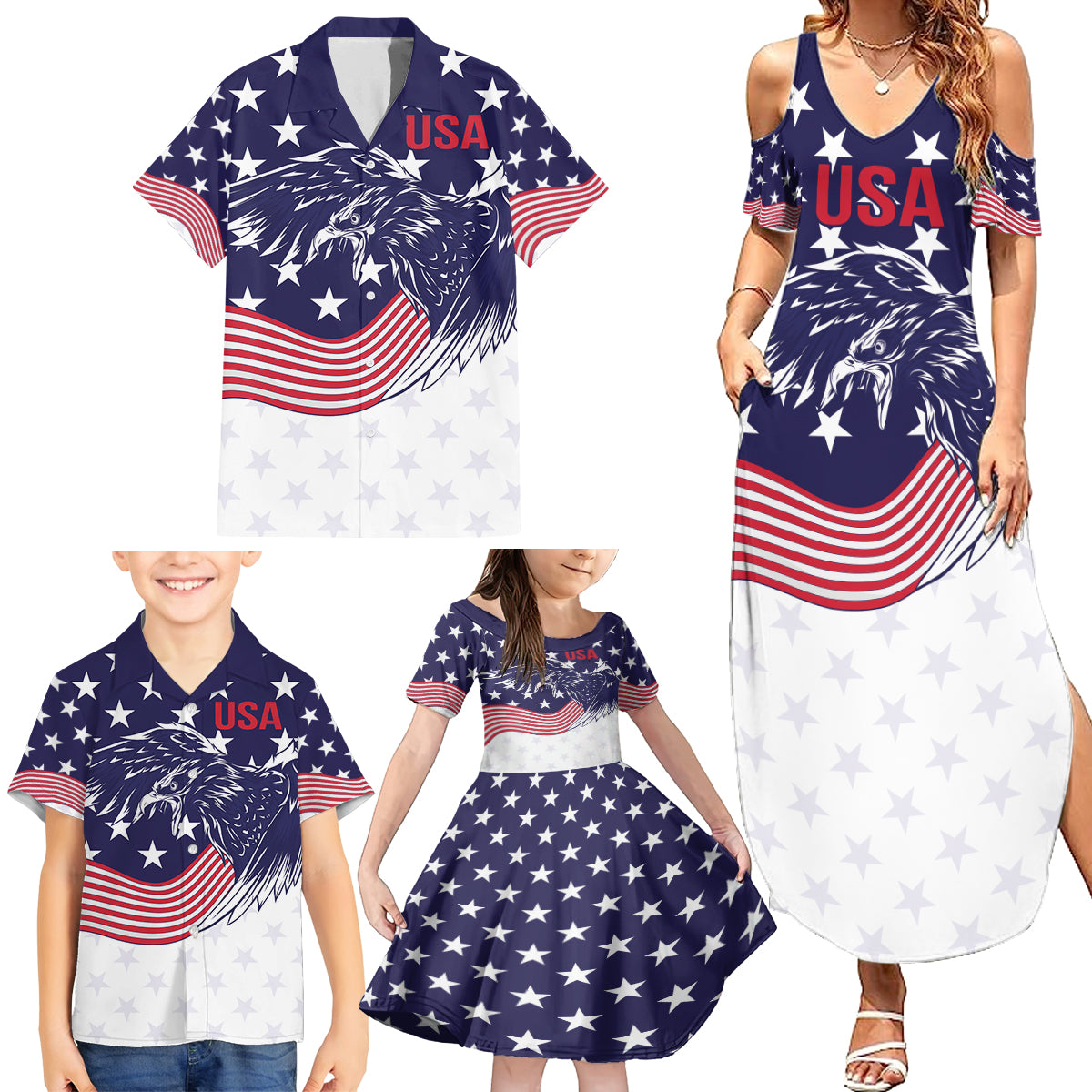 United States Cricket World Cup 2024 Family Matching Summer Maxi Dress and Hawaiian Shirt USA Badge Eagle Make Champions - Wonder Print Shop