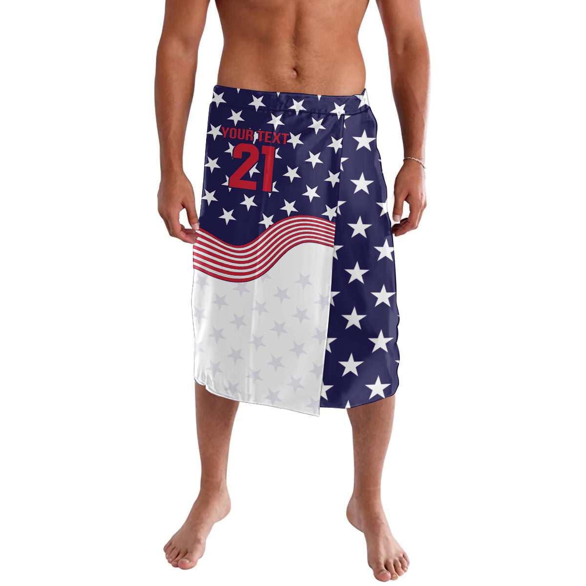 Navy and white star cricket lavalava sarong with red wavy stripe panel