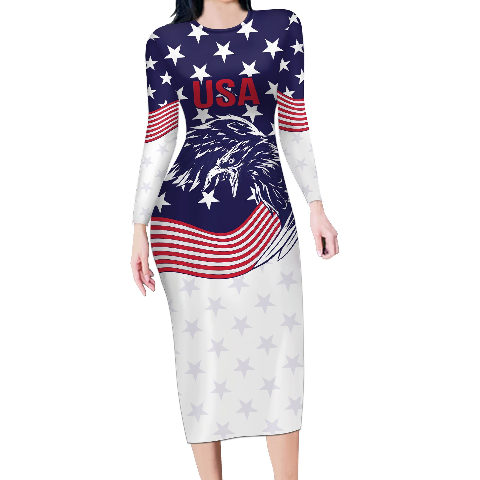 United States Cricket World Cup 2024 Long Sleeve Bodycon Dress USA Badge Eagle Make Champions - Wonder Print Shop