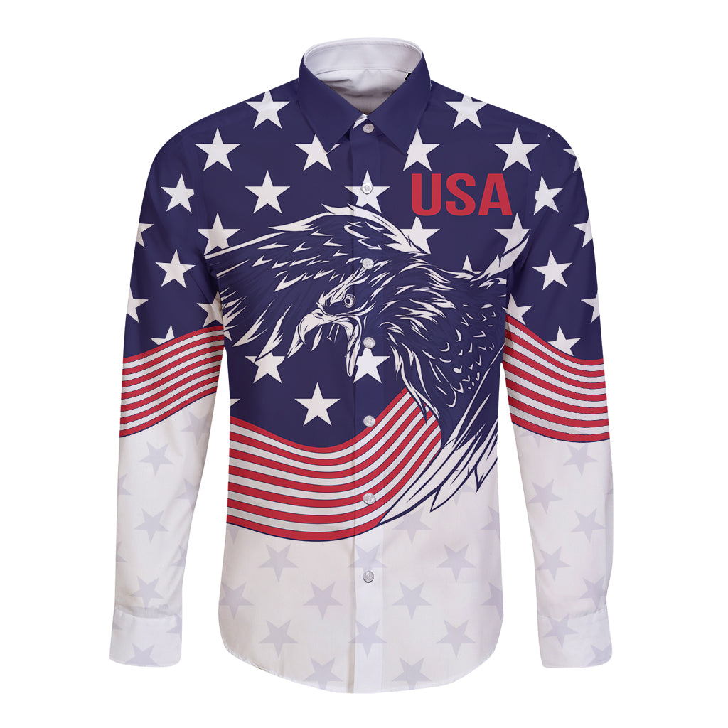 Navy and white long-sleeve button shirt with USA eagle graphic, stars, and flag