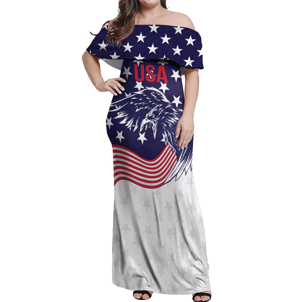 United States Cricket World Cup 2024 Off Shoulder Maxi Dress USA Badge Eagle Make Champions - Wonder Print Shop