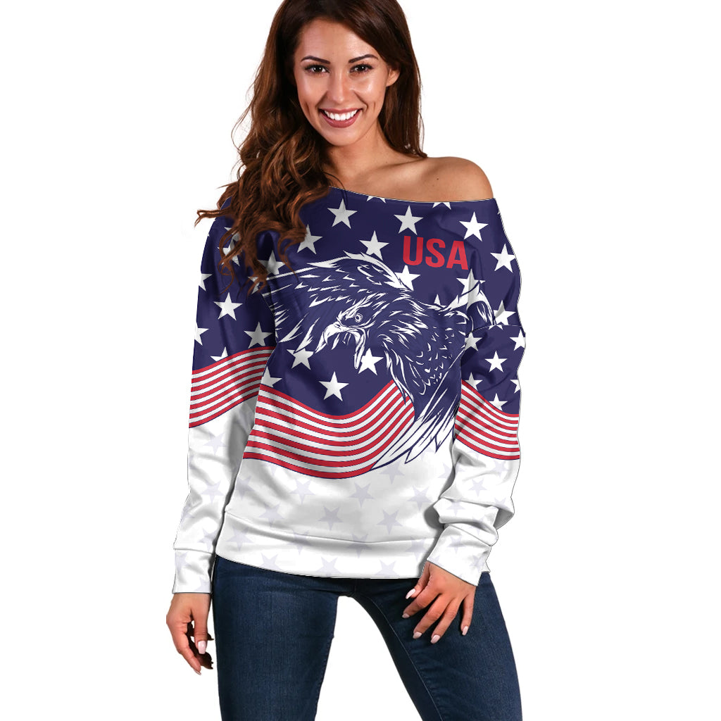 United States Cricket World Cup 2024 Off Shoulder Sweater USA Badge Eagle Make Champions - Wonder Print Shop