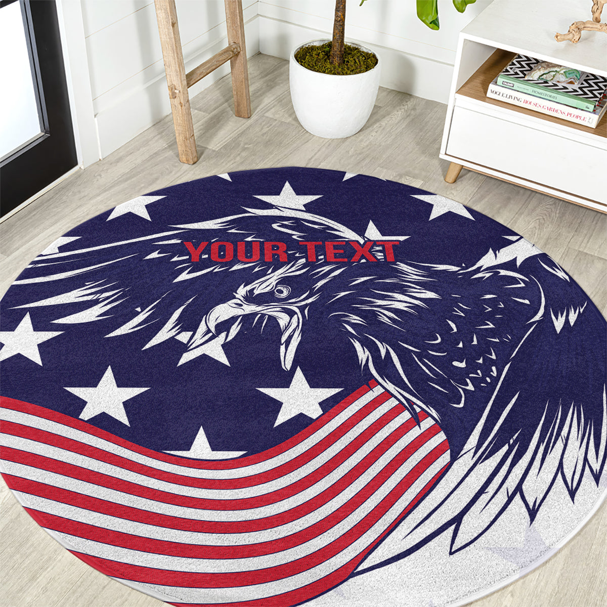 Round patriotic area rug with navy eagle, white stars, and red-and-white stripes