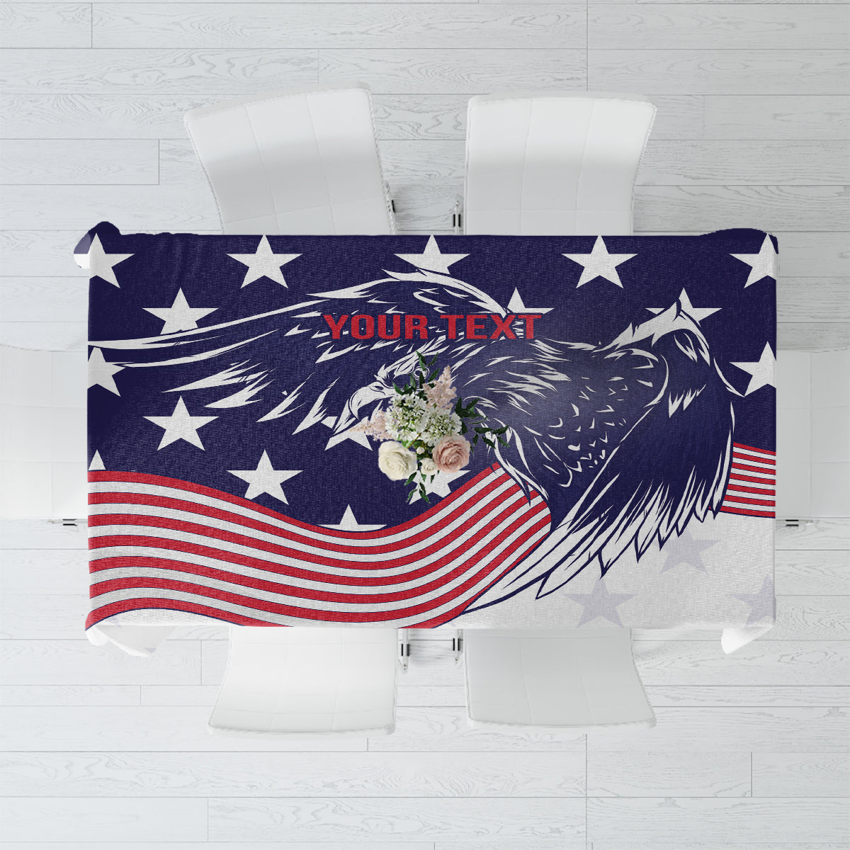 American-themed tablecloth with eagle emblem, stars, and red-white stripes design